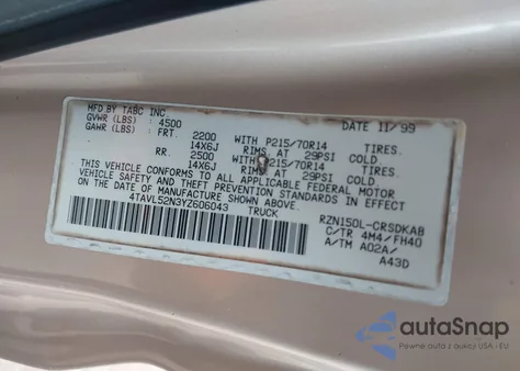 2000 Toyota Tacoma из США, поврежденный, VIN 4TAVL52N3YZ606060